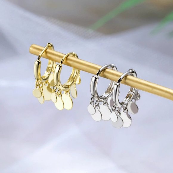 NEW 925 Sterling Silver Coin Hoop Earrings - Picture 1 of 8
